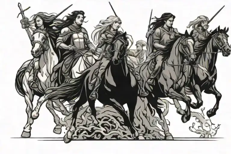 four horsemen as women apocalypse riding across tattoo design idea