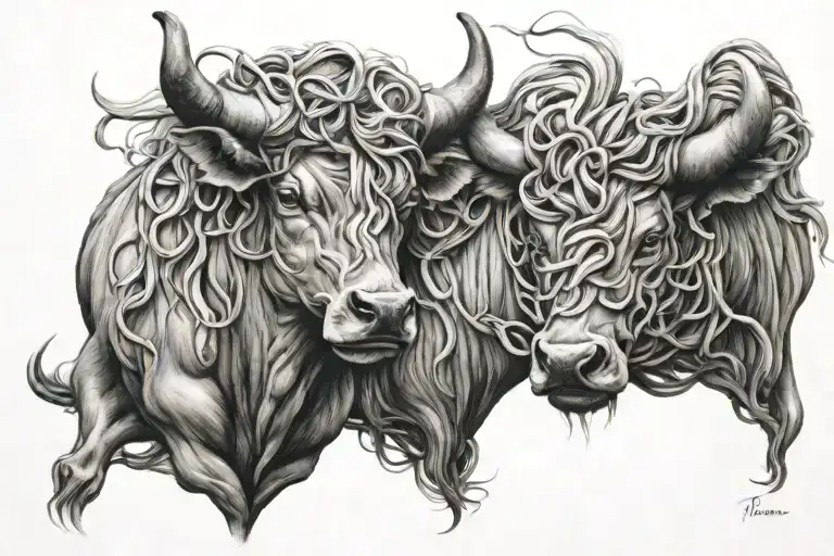 two Taurus bull twins gemini sisters hair tangled together tattoo design idea