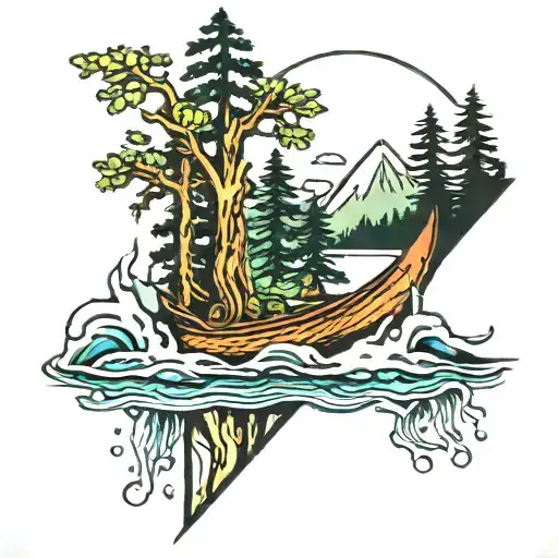 canoe mountain trees water  tattoo design idea