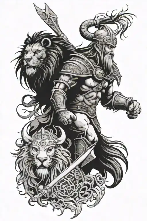 viking lion and warrior tattoo design idea