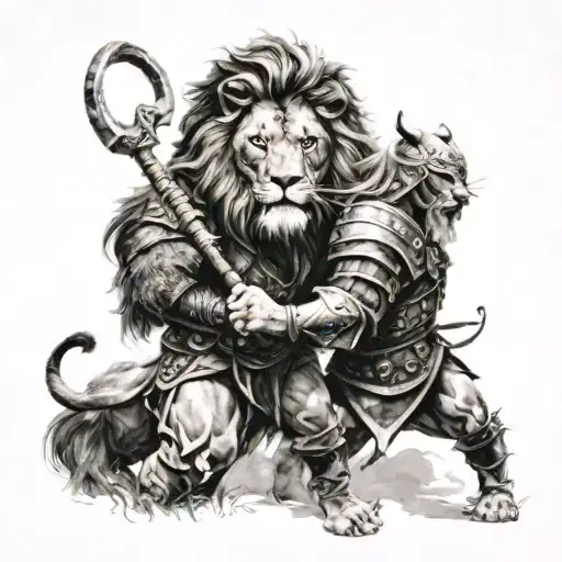lion and viking on the battlefield tattoo design idea