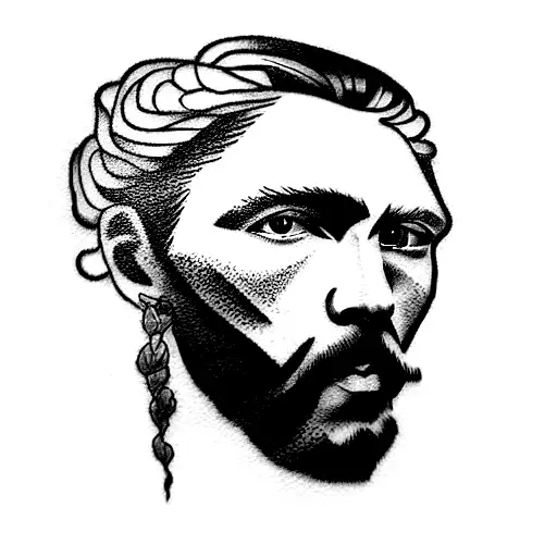 tatoo composed by the sequent Van Gogh paintings: iris, the bedroom, Portrait of Dr. Gachet and Cafe Te tattoo design idea