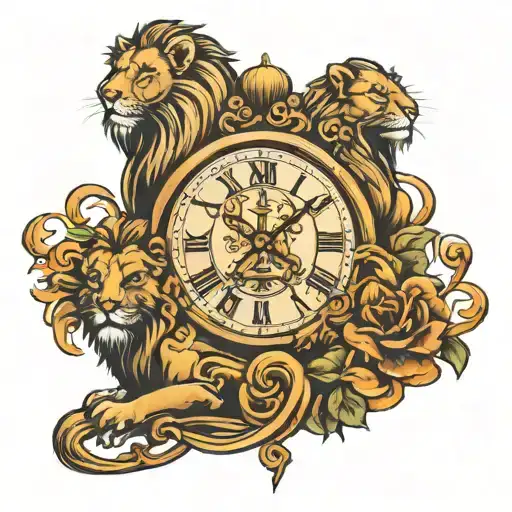 lions and clock  tattoo design idea