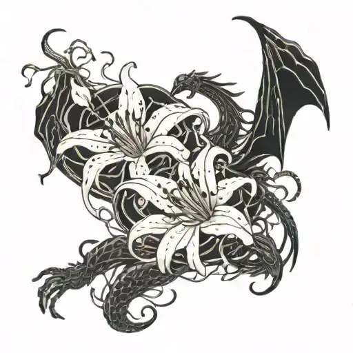Spider lily flowers with a dragon and a phenix fighting tattoo design idea