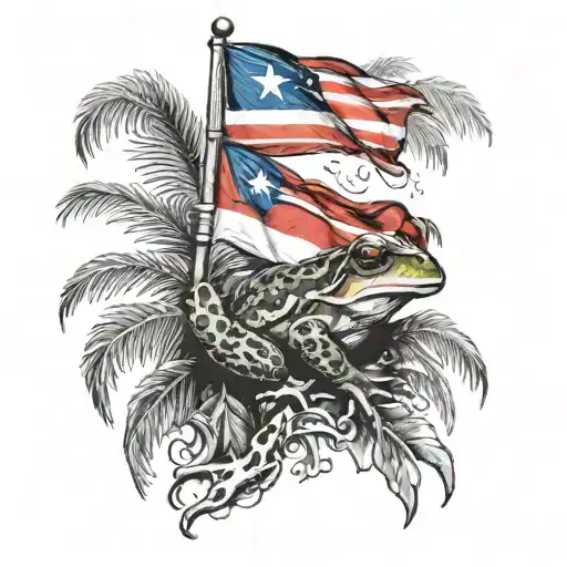 puerto rican flag, palm trees and waves, coqui frog natralized tattoo design idea