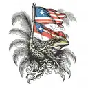 puerto rican flag, palm trees and waves, coqui frog natralized tattoo design idea