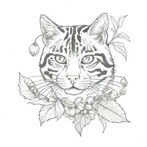 tabby tiger mackerel cat with a sprig of gooseberry tattoo design idea