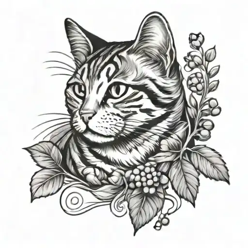 tabby mackerel cat with a sprig of gooseberry tattoo design idea