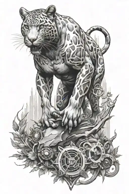 A black-grey tattoo of a fierce panther standing proudly in a forest setting, with elements of combat engineer tools and gear incorporated into the background tattoo design idea