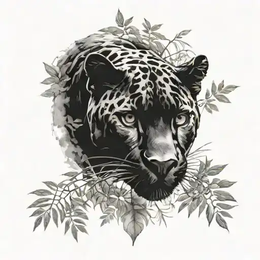 A detailed blackwork tattoo of a panther prowling through a dense forest setting, with a subtle nod to the client's military background by incorporating a camouflage pattern in the background tattoo design idea