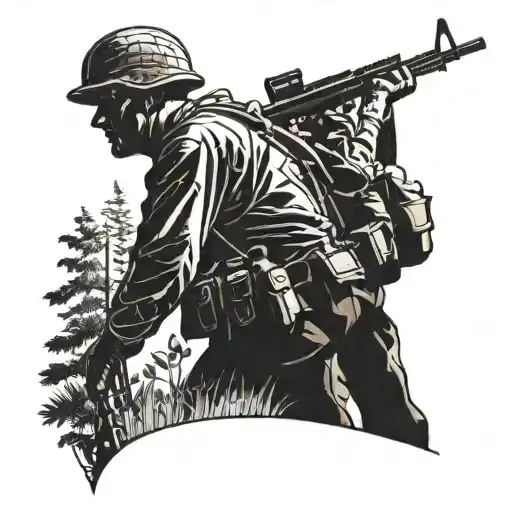 A silhouette of a soldier standing tall amidst a serene natural landscape, embodying the client's dedication to their army profession and connection to the outdoors tattoo design idea