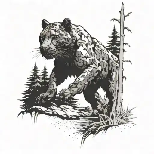 A detailed blackwork tattoo of a panther prowling through a dense forest setting, with a subtle nod to the client's military background by incorporating a camouflage pattern in the background tattoo design idea