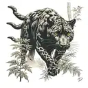 A detailed blackwork tattoo of a panther prowling through a dense forest setting, with a subtle nod to the client's military background by incorporating a camouflage pattern in the background tattoo design idea