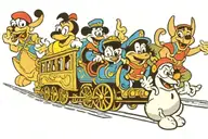 Disney Characters (Kronk, Mickey Mouse, Stitch, Olaf) riding a train tattoo design idea