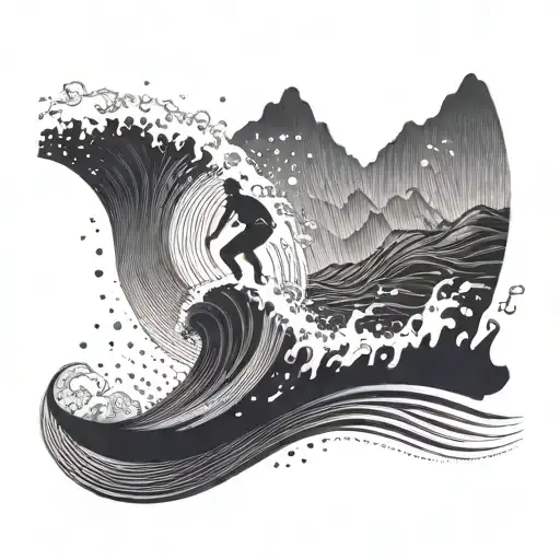 An abstract design of sound waves crashing into a mountain range, with a silhouette of a surfer riding the waves tattoo design idea