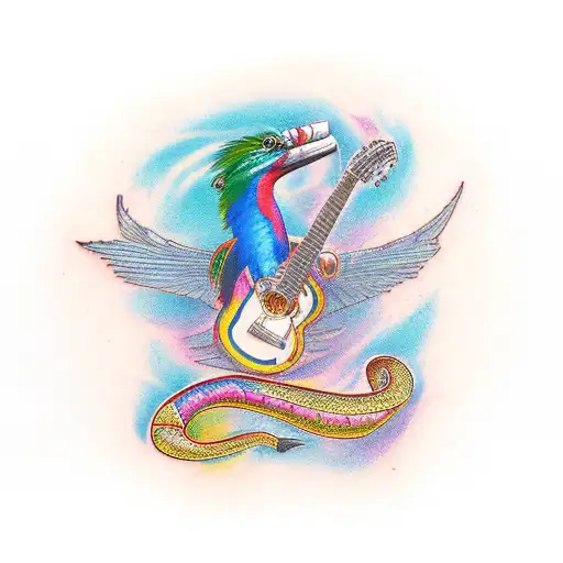 Colorful quetzal bird perched on a guitar with a snake winding around it tattoo design idea