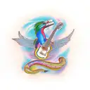 Colorful quetzal bird perched on a guitar with a snake winding around it tattoo design idea