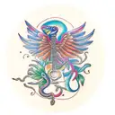 Colorful quetzal bird perched on a guitar with a snake winding around it tattoo design idea