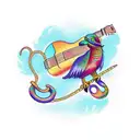 Colorful quetzal bird perched on a guitar with a snake winding around it tattoo design idea
