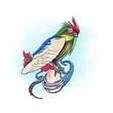 Colorful quetzal bird perched on a guitar with a snake winding around it tattoo design idea