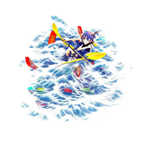 A new-school tattoo of a kayak floating in a sea of anime characters tattoo design idea