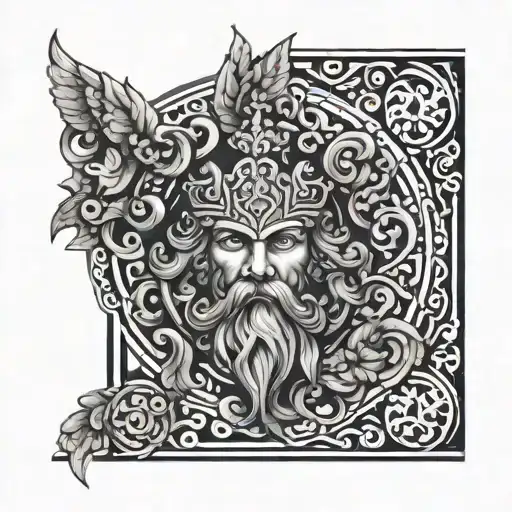 Create a tattoo design combining elements of the Slavic god Perun with intricate baroque patterns tattoo design idea