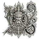 Create a tattoo design combining elements of the Slavic god Perun with intricate baroque patterns tattoo design idea