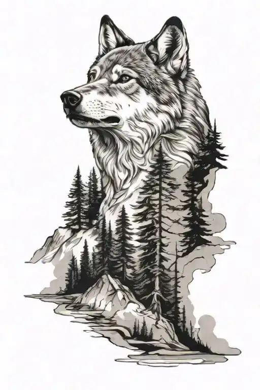 wilderness with wolf  tattoo design idea