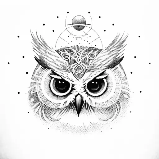 an owl coming out of a book with celestial bodies tattoo design idea