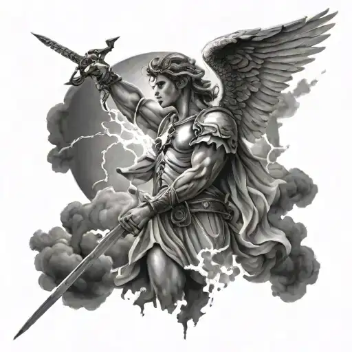 angel with sword and a cross dark clouds and a moon with lightning tattoo design idea