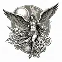 angel with sword and a cross dark clouds and a moon with lightning tattoo design idea