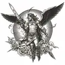 angel with sword and a cross dark clouds and a moon with lightning tattoo design idea