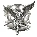 angel with sword and a cross dark clouds and a moon with lightning tattoo design idea