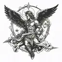angel with sword and a cross dark clouds and a moon with lightning tattoo design idea