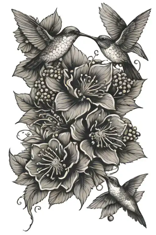 flower bouquet with mulberries and humming birds flying around tattoo design idea