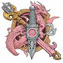 Colorful fantasy Merlin saga excalibur witchcraft Thors hammer and in the background a Pink dragon tattoo design idea