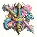 Colorful fantasy Merlin saga excalibur witchcraft Thors hammer and in the background a Pink dragon tattoo design idea