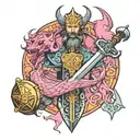 Colorful fantasy Merlin saga excalibur witchcraft Thors hammer and in the background a Pink dragon tattoo design idea