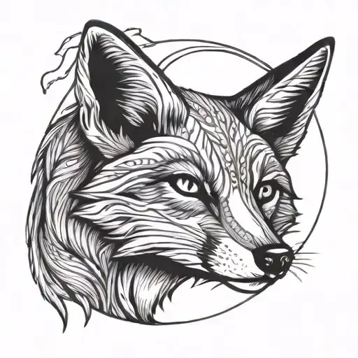 black line drawing of a fox and a crescent moon tattoo design idea
