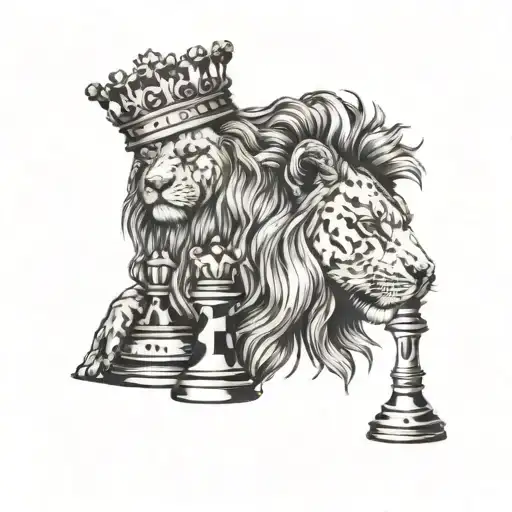 a lion with a small cross on it's forehead and a king chess piece tattoo design idea