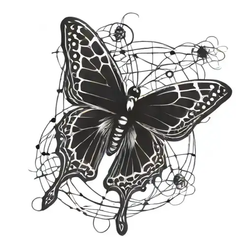 A detailed blackwork tattoo of a butterfly breaking free from barb wire, symbolizing resilience and freedom tattoo design idea