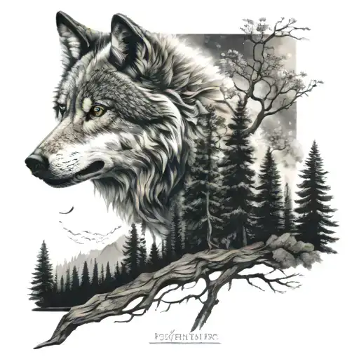 wolf space trees nature elements tattoo design idea