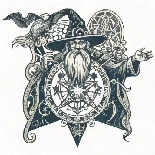 A wizard casting a spell with intricate magical symbols surrounding them tattoo design idea