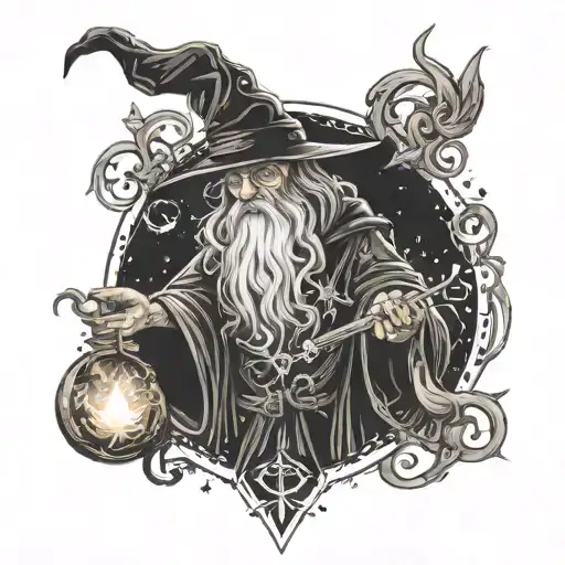 A wizard casting a spell with intricate magical symbols surrounding them tattoo design idea