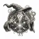 A wizard casting a spell with intricate magical symbols surrounding them tattoo design idea