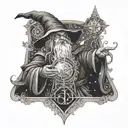 A wizard casting a spell with intricate magical symbols surrounding them tattoo design idea