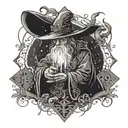 A wizard casting a spell with intricate magical symbols surrounding them tattoo design idea