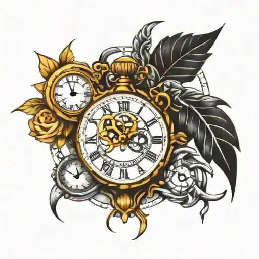 Black tattoo design depicting a timepiece set at 10:13am and another timepiece set at 11:29pm tattoo design idea