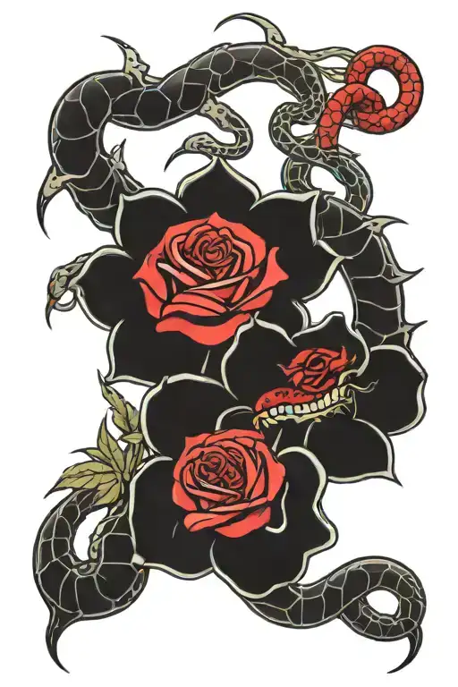 2 red snakes intertwined into a red rose out thier mouth  tattoo design idea