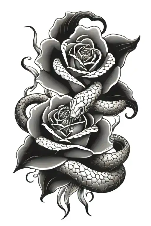 2 red snakes intertwined into a red rose out thier mouth  tattoo design idea